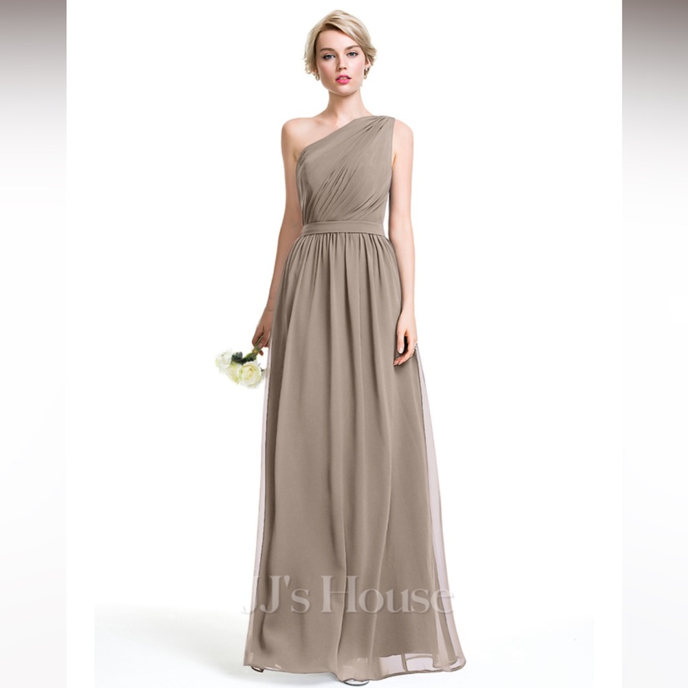NWT JJs House A-line One‎ Shoulder Taupe Floor-Length Chiffon Bridesmaid Dress